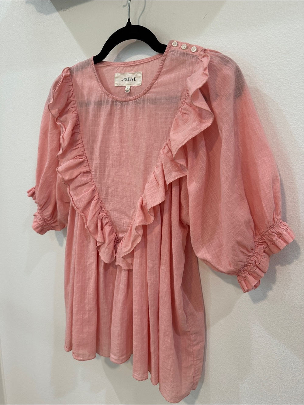 THE GREAT. Pink Ruffle Puff-Sleeve Blouse. Boho. Cottage Core. Coastal Cowgirl. - Picture 6 of 12